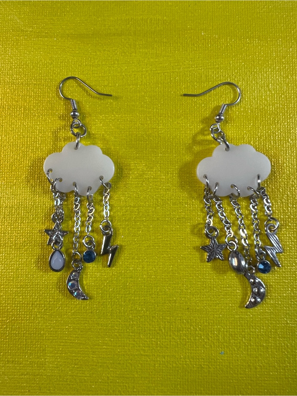 Cloud Charm Dangle Earrings with Moon & Star Accents - White and Silver